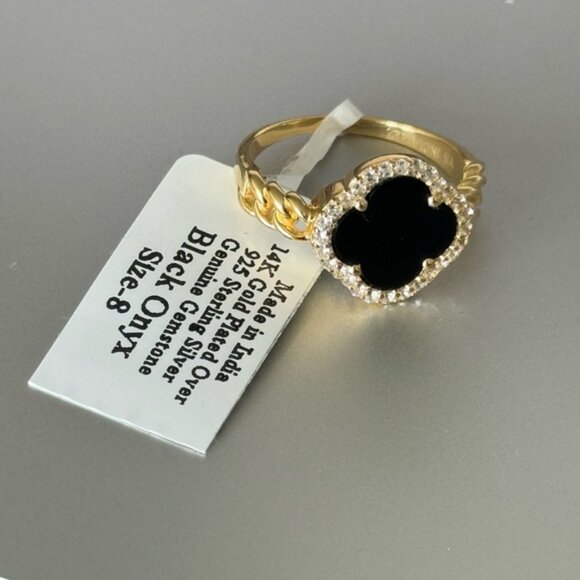 YS India 14k Gold Plated Sterling Siver 925 W CZ & Genuine Onyx Clover Ring Sz.8 - Picture 12 of 16